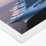 Art deco poster of a vintage ship in muted blues and grays on rolled canvas, ideal for dining room wall art.