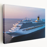 Large art of a ship at sea on stretched canvas, with muted blue and gray tones, suitable for kitchen wall decor.