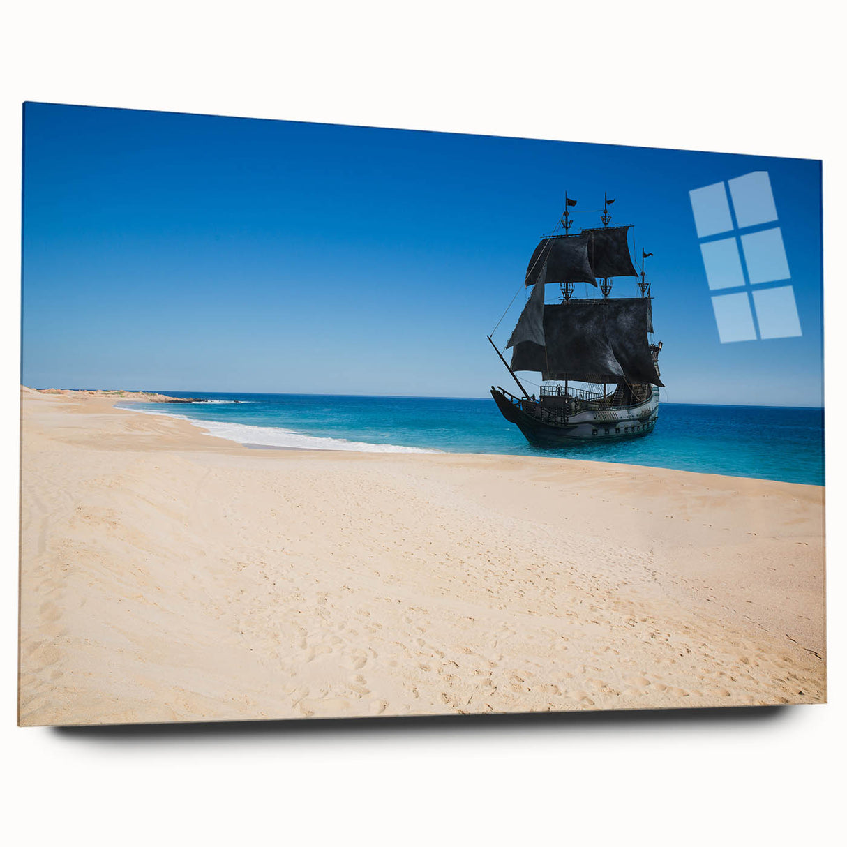 Large abstract wall art of a ship in mid-century modernist style, with muted gray and blue tones on acrylic glass.