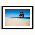 Extra large abstract art print of a colorful, textured ship, on a black framed canvas, ideal for living room decor.