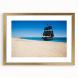 Abstract art print of a ship on textured canvas with gold frame, featuring cool blue and gray tones.