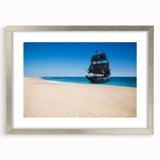 Abstract art print of boats in muted blue and gray tones on framed canvas, suitable for dining room decor.