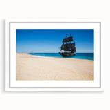 Extra large abstract art print of a stylized ship, featuring textured blue and white tones on a framed canvas.