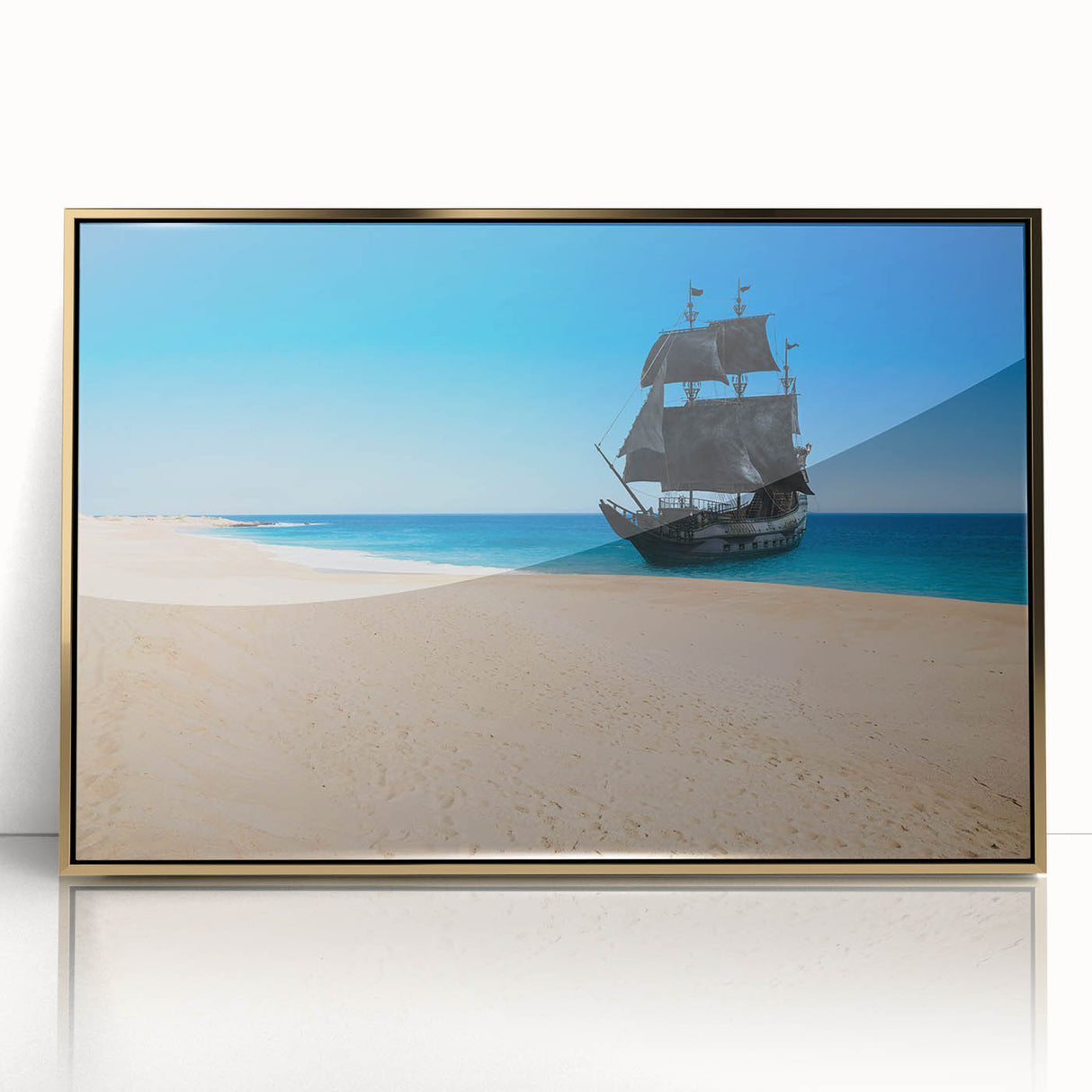Mid-century modernist art of a ship in muted blue and gray tones on gold-framed acrylic, ideal for nursery wall art.