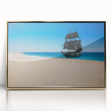 Mid-century modernist art of a ship in muted blue and gray tones on gold-framed acrylic, ideal for nursery wall art.