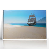 Mid-century modernist style large art print of a ship, in muted blue and white tones, acrylic framed.