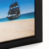 Black wall art featuring a textured, colorful abstract boat design on a large framed canvas, ideal for living room decor.