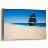 Vintage poster art of a ship, rendered in colorful art on black, extra large framed canvas, ideal for living room decor.