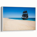 Framed canvas showcasing a vintage black and white ship illustration, ideal for bedroom wall art.