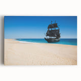 Large black and white photograph of a ship on stretched canvas, ideal for kitchen wall art.