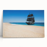Black and white photo of a ship on calm waters, printed on large stretched canvas.