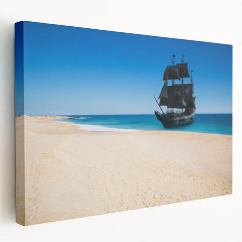 Large art print of a vintage ship in muted brown and blue tones on stretched canvas, ideal for kitchen wall decor.