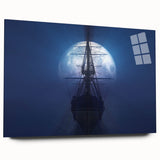 Large abstract wall art of a ship, in muted blue and gray tones on acrylic glass, ideal for dining room decor.