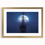 Textured art print of an abstract boat in muted blue and gray tones on a framed canvas, ideal for bedroom wall decor.