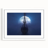 Extra large abstract art print of a textured boat, in muted blues and grays, framed with a white mat.