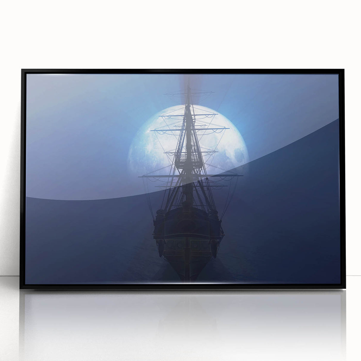 Framed acrylic print of a mid-century modernist style ship, in muted blue and gray tones, ideal for modern art wall decor.