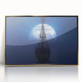 Mid-century modernist art of a ship at sea in pastel blue and gold tones on a framed acrylic, ideal for nursery wall art.