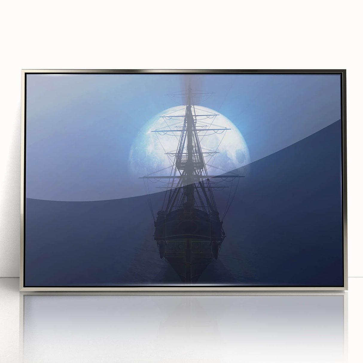 Art deco style poster of a vintage ship, rendered in muted silver tones on framed acrylic.