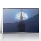 Large abstract wall art featuring a mid-century modernist ship design in muted blue and gray on a white acrylic frame.