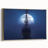 Framed canvas landscape art painting of a vintage ship in stormy seas, rendered in black and colorful hues.