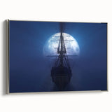 Vintage poster art of a silver ship on black background, framed canvas, ideal for living room decor.