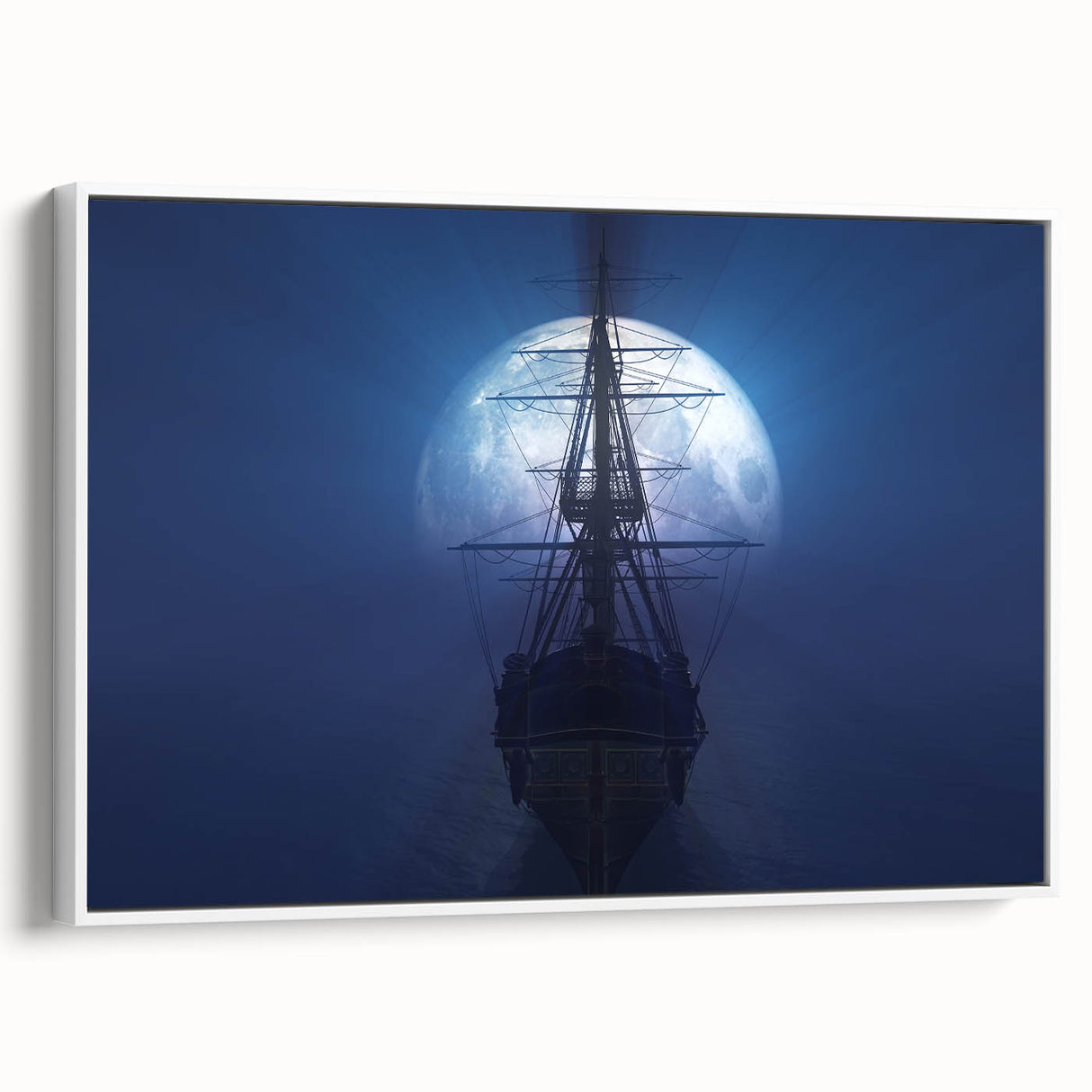 Framed canvas featuring a vintage poster of a ship, in black and white tones, ideal for bedroom wall art.