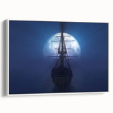 Framed canvas featuring a vintage poster of a ship, in black and white tones, ideal for bedroom wall art.