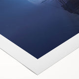 Art deco poster of a vintage ship on rolled canvas in muted blue tones, suitable for dining room or bathroom decor.