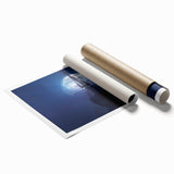 Extra large rolled print of a ship on calm waters, in muted blue and gray tones, ideal for classy bathroom wall art.