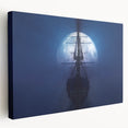 Large art print of a vintage ship in muted blue and white tones on stretched canvas, suitable for kitchen wall decor.