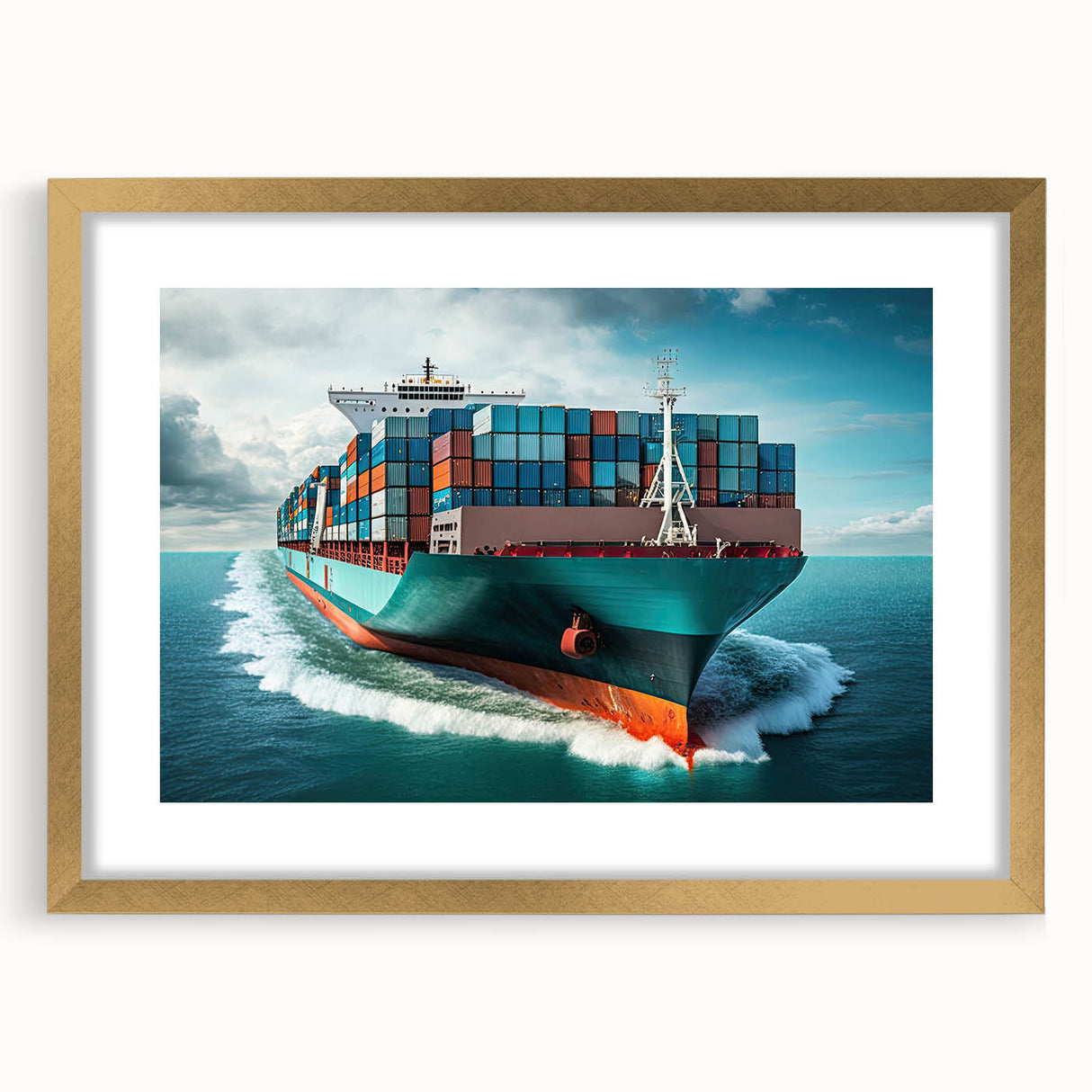 Extra large abstract art print featuring textured shapes resembling boats, in gold frame, suited for living room decor.