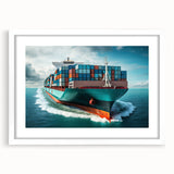 Abstract art print of a stylized boat in blue and white tones on a framed canvas, suitable for dining room decor.