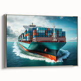 Framed canvas with a vintage poster-style depiction of a colorful ship on a black background, ideal for office decor.