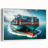 Vintage poster art of a ship on a framed canvas, featuring a black background with colorful accents.