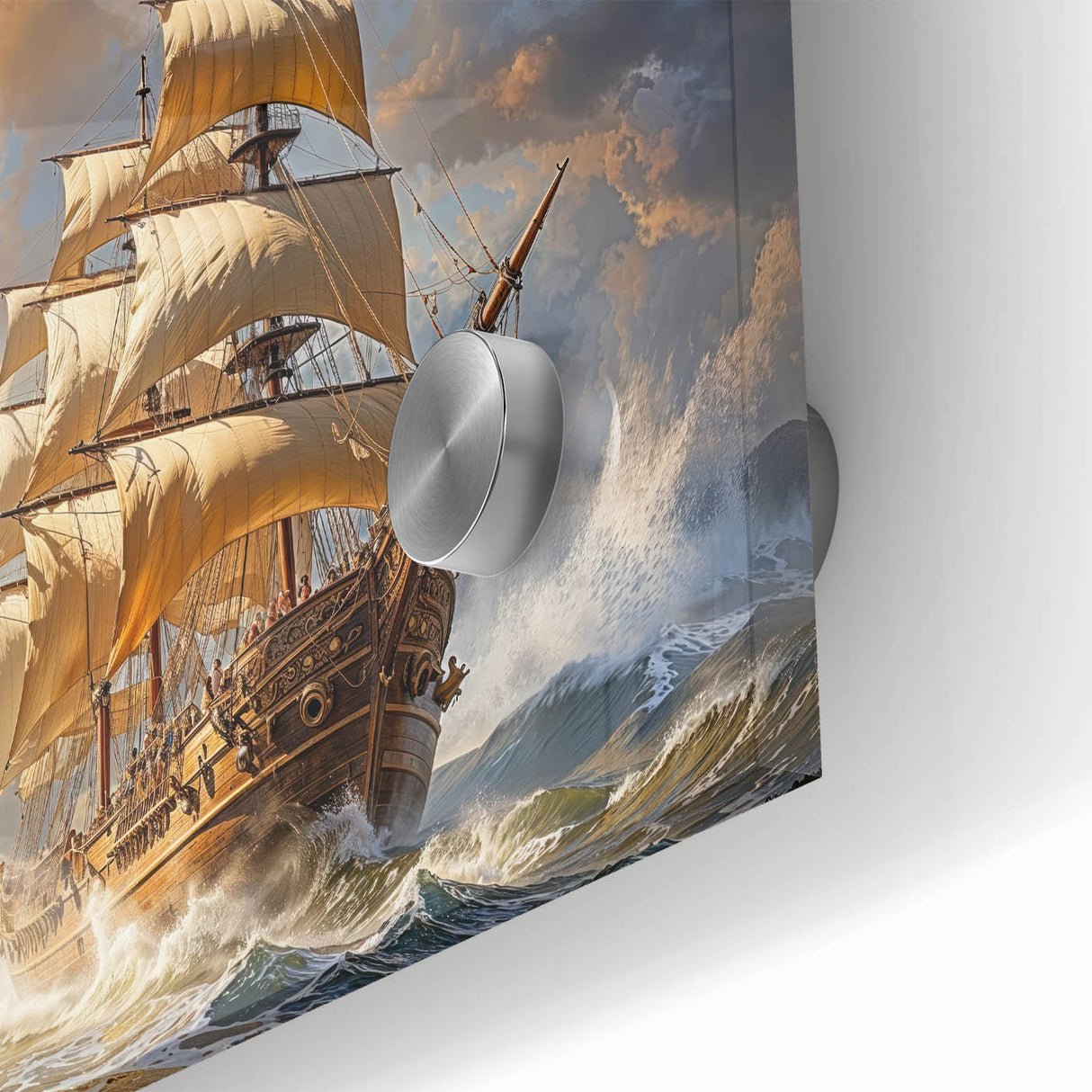 Large abstract wall art of a ship in muted blue and gray tones on acrylic glass, ideal for dining room ambiance.