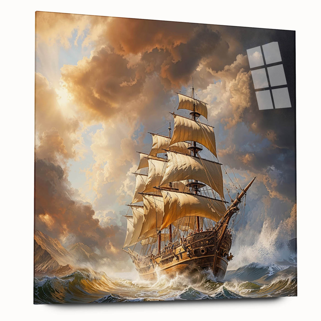 Large abstract wall art of a ship in muted blue and gray tones on acrylic glass, ideal for bedroom or dining room decor.