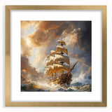 Extra large abstract art print featuring a textured depiction of a boat, in muted blue and gray tones on a framed canvas.