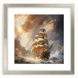 Textured art print of an abstract boat in silver and blue tones on a framed canvas, suitable for bedroom decor.