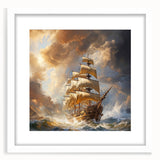 Abstract art print of a stylized boat in blue and white tones on a framed canvas, suitable for dining room decor.