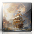 Large abstract wall art depicting a stylized ship in muted gray and blue tones on a framed acrylic.