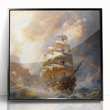 Large abstract wall art depicting a stylized ship in muted gray and blue tones on a framed acrylic.