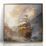 Mid-century modernist style large art print of a vintage ship, in muted blue and gray, acrylic framed.