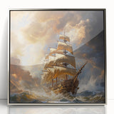 Mid-century modernist art deco poster featuring a silver-framed acrylic print of a boat, in cool blue tones.