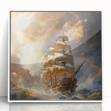 Art Deco style poster of a vintage ship, in muted blue and white tones, acrylic print framed, suitable for nursery wall art.