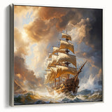 Framed canvas of a vintage ship in black and colorful hues, ideal for adding a nautical touch to office decor.