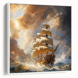 Vintage poster art of a ship, rendered in colorful hues on a black background, framed canvas, ideal for living room decor.