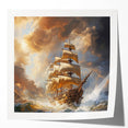 Extra large wall art featuring a ship on calm seas in muted blue tones, printed on rolled canvas.