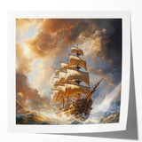 Extra large wall art featuring a ship on calm seas in muted blue tones, printed on rolled canvas.