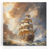 Black and white photograph of a ship at sea on stretched canvas, ideal for kitchen wall art.