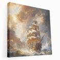 Large canvas print of a vintage ship in muted blue and white tones, suitable for kitchen wall art.